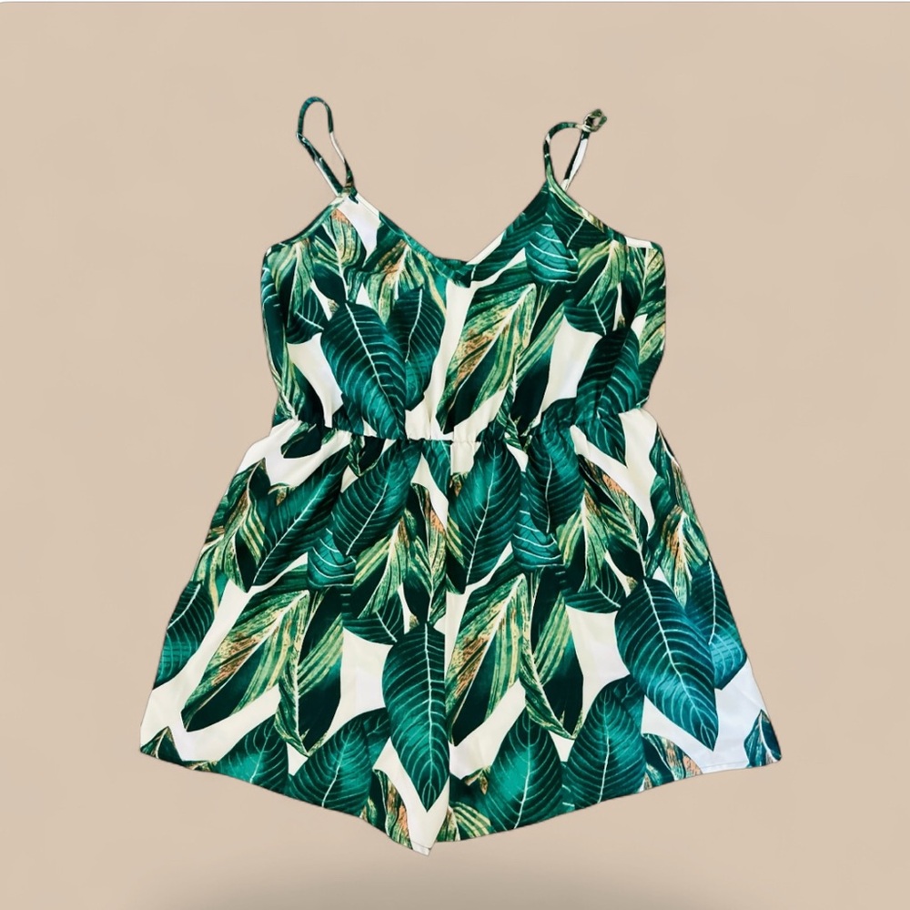 NWOT Tropical Leaf Print Romper with elastic waist and adjustable straps